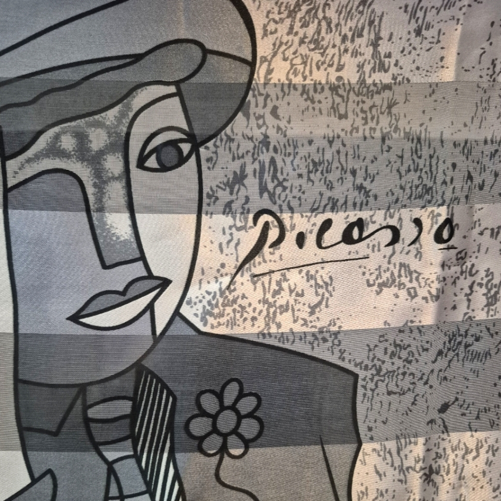 Picasso-Inspired Black and Gray Vintage Head Neck Scarf Wrap Shawl
